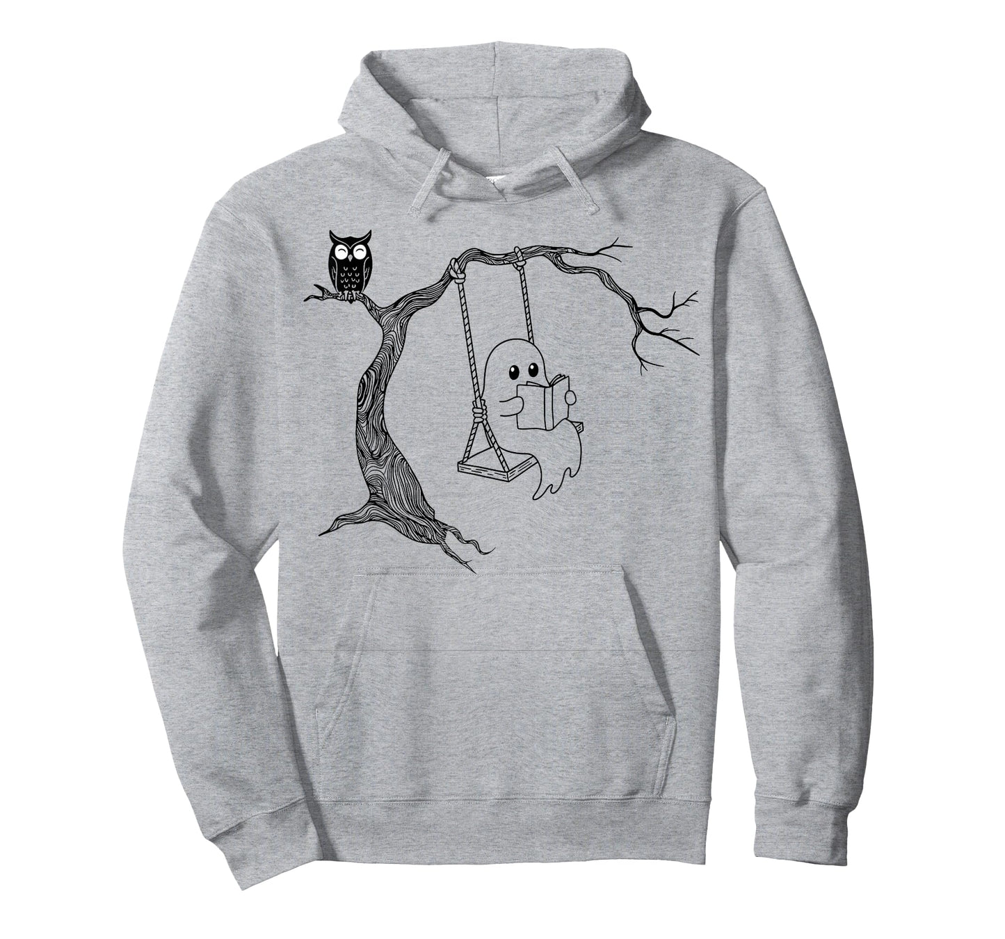 Cute Ghost Swinging Reading Book Halloween line Art T-Shirt