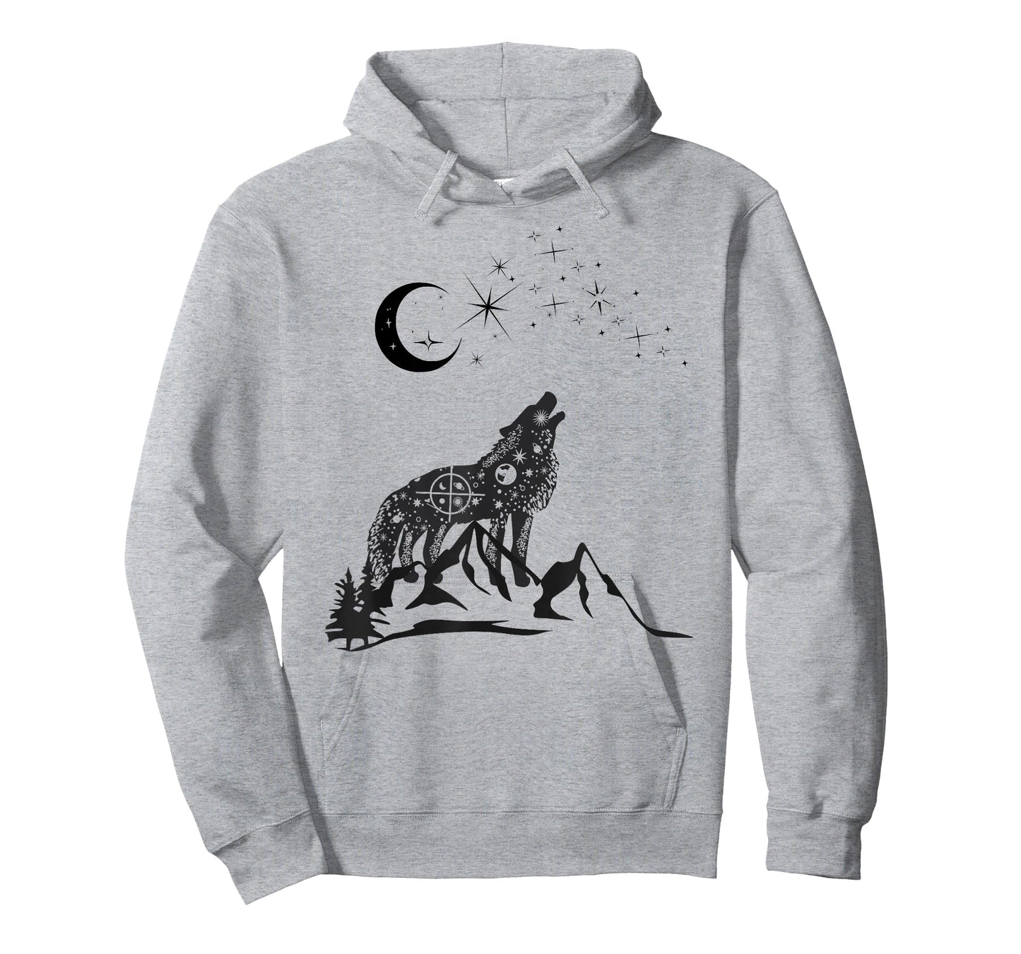 Stars Moon Astrology Wolf Mountain Landscape Black Graphic T-Shirt