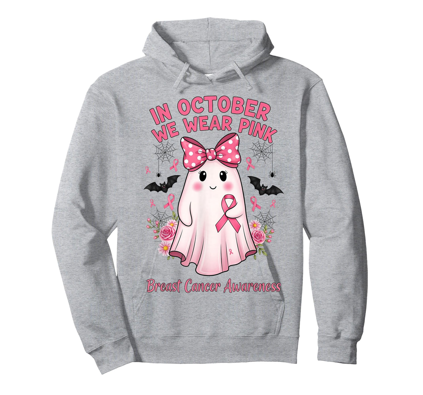 in October We Wear Pink Ghost with Bow Breast Cancer Support T-Shirt