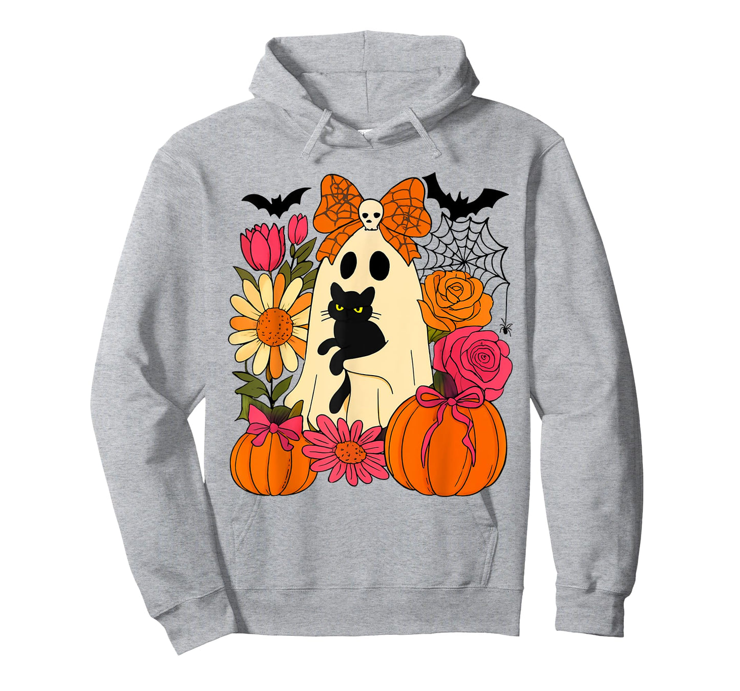 Vintage Halloween Ghost Holding Black Cat Groovy Floral T-Shirt