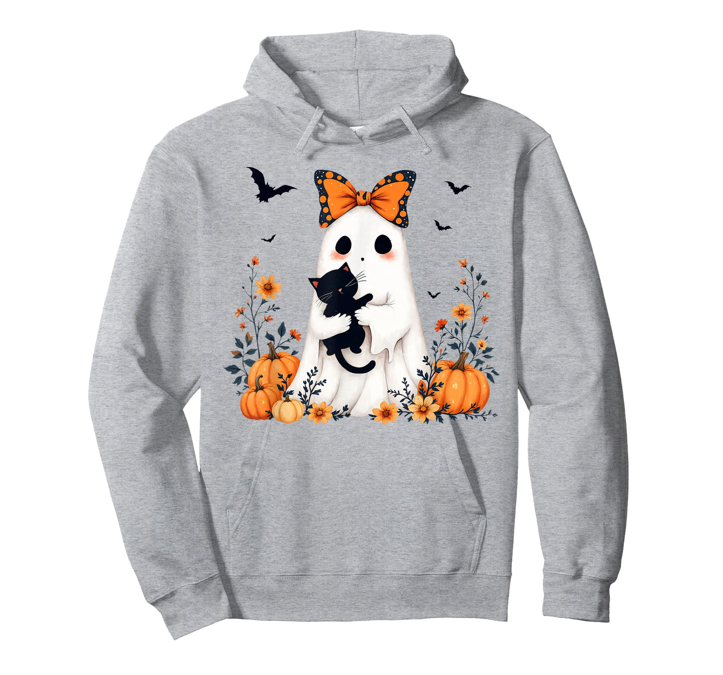 Ghost Holding Black Cat Halloween Pumpkin Floral Cat Lovers T-Shirt