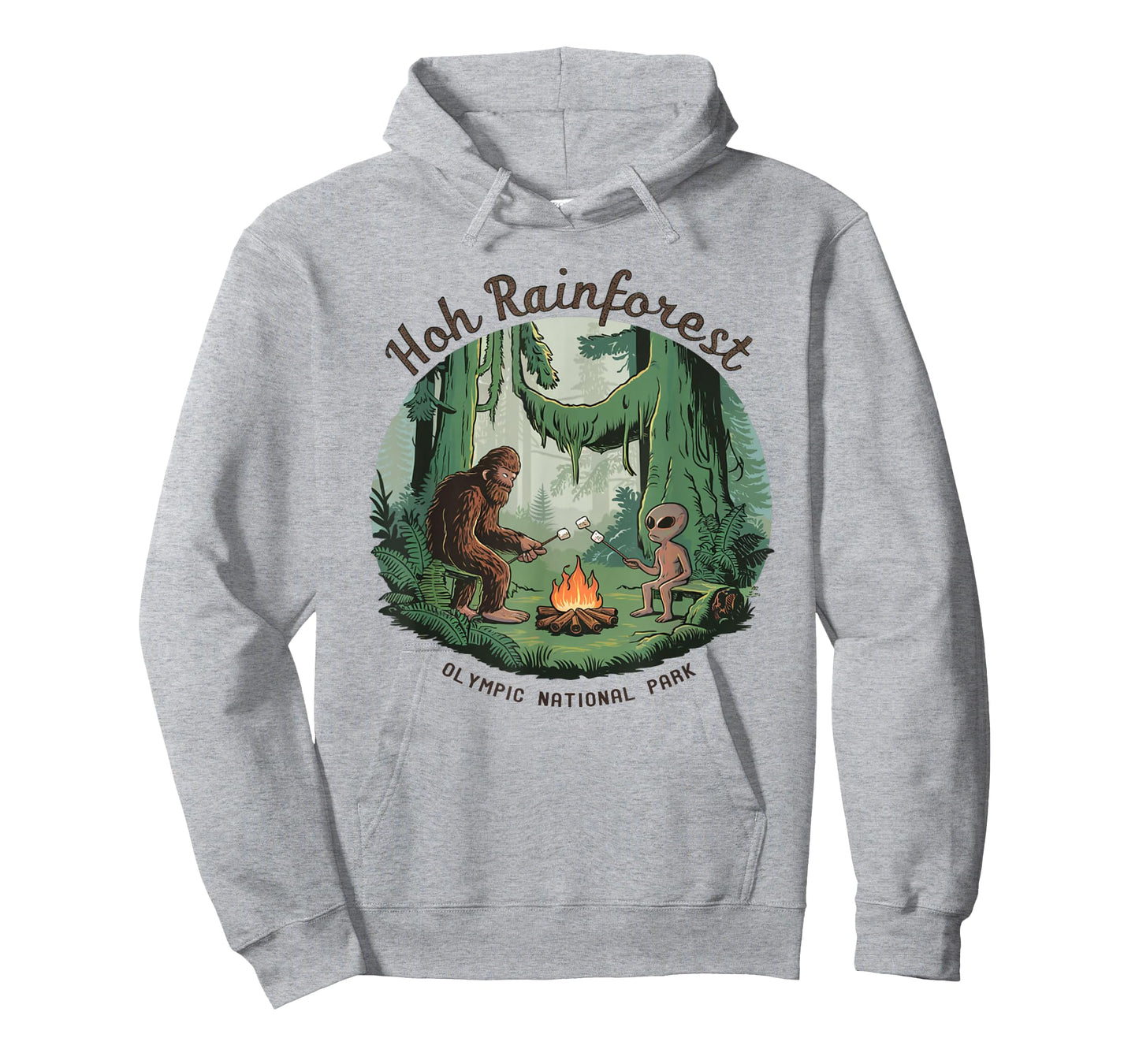 Funny Bigfoot & Alien Gifts And Shirts Bigfoot & Alien Camping Hoh Rainforest Olympic National Park Unisex-Adults Kids T-Shirt White Short Sleeve Classic Fit Cotton Blend Machine Wash Size Small