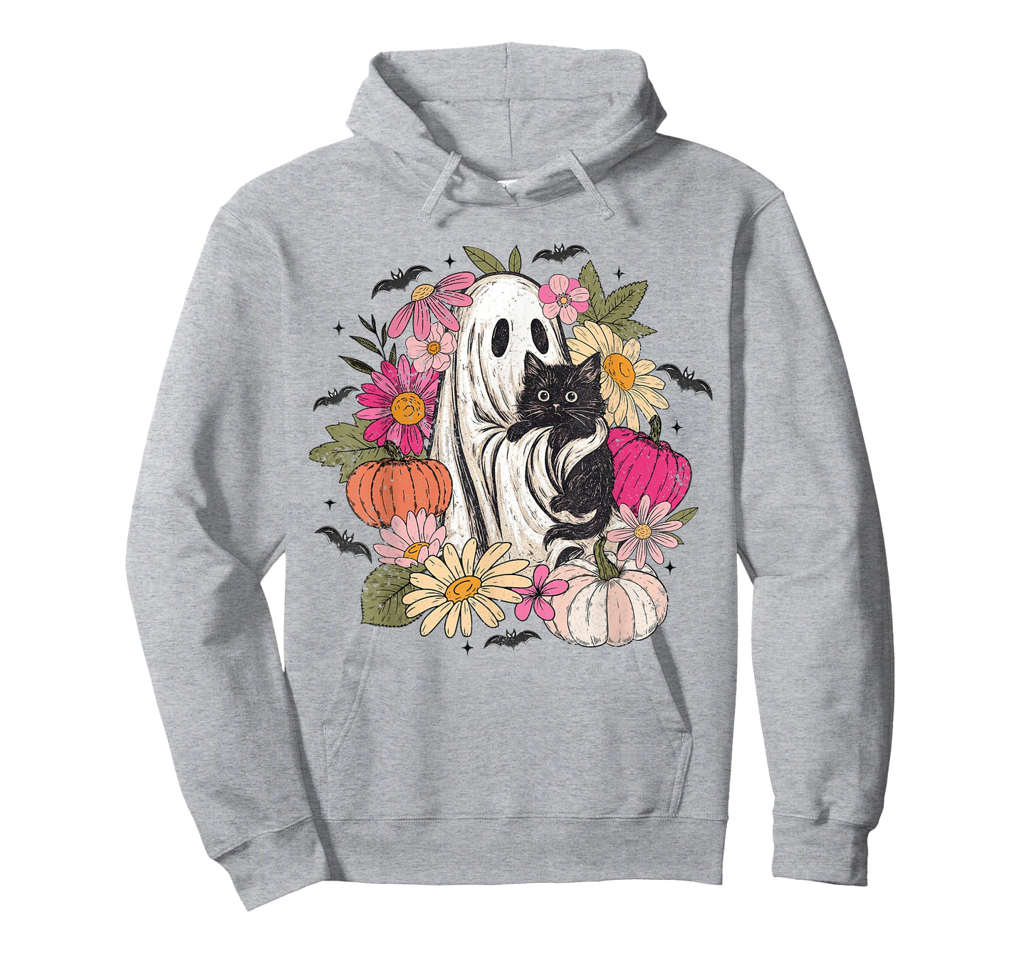 Vintage Halloween Ghost Holding Black Cat Groovy Floral T-Shirt