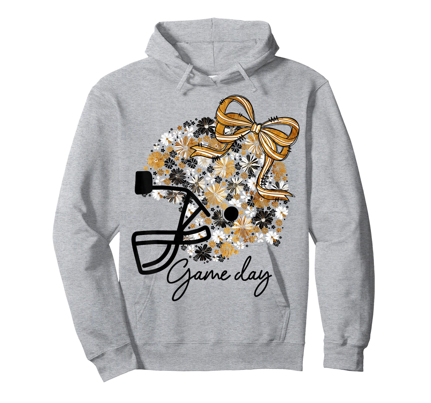 Floral Football Game Day Girly Bow Team Spirit Black & Gold T-Shirt