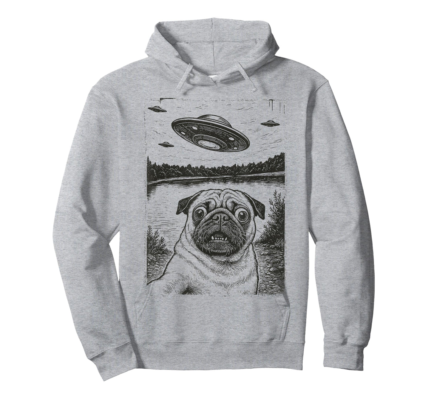 Vintage Pug UFO Encounters - Funny UFO and Pug Selfie T-Shirt