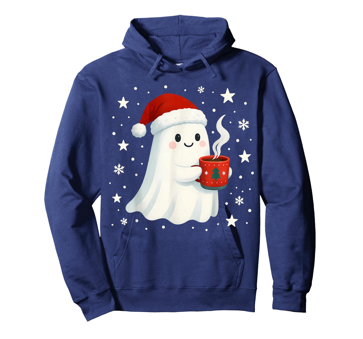 Cute Christmas Ghost Wearing Santa Hat Holding Hot Cocoa Mug T-Shirt