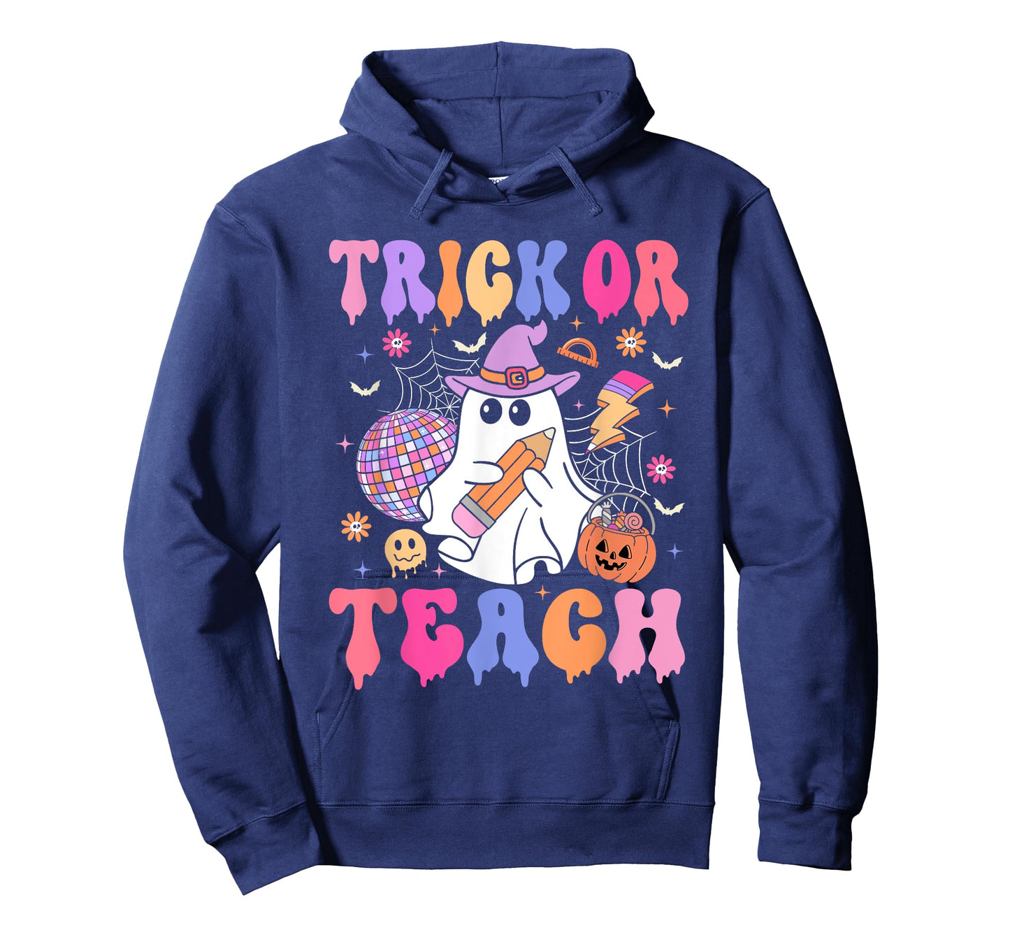Trick Or Teach Groovy Halloween Floral Ghost Teacher T-Shirt