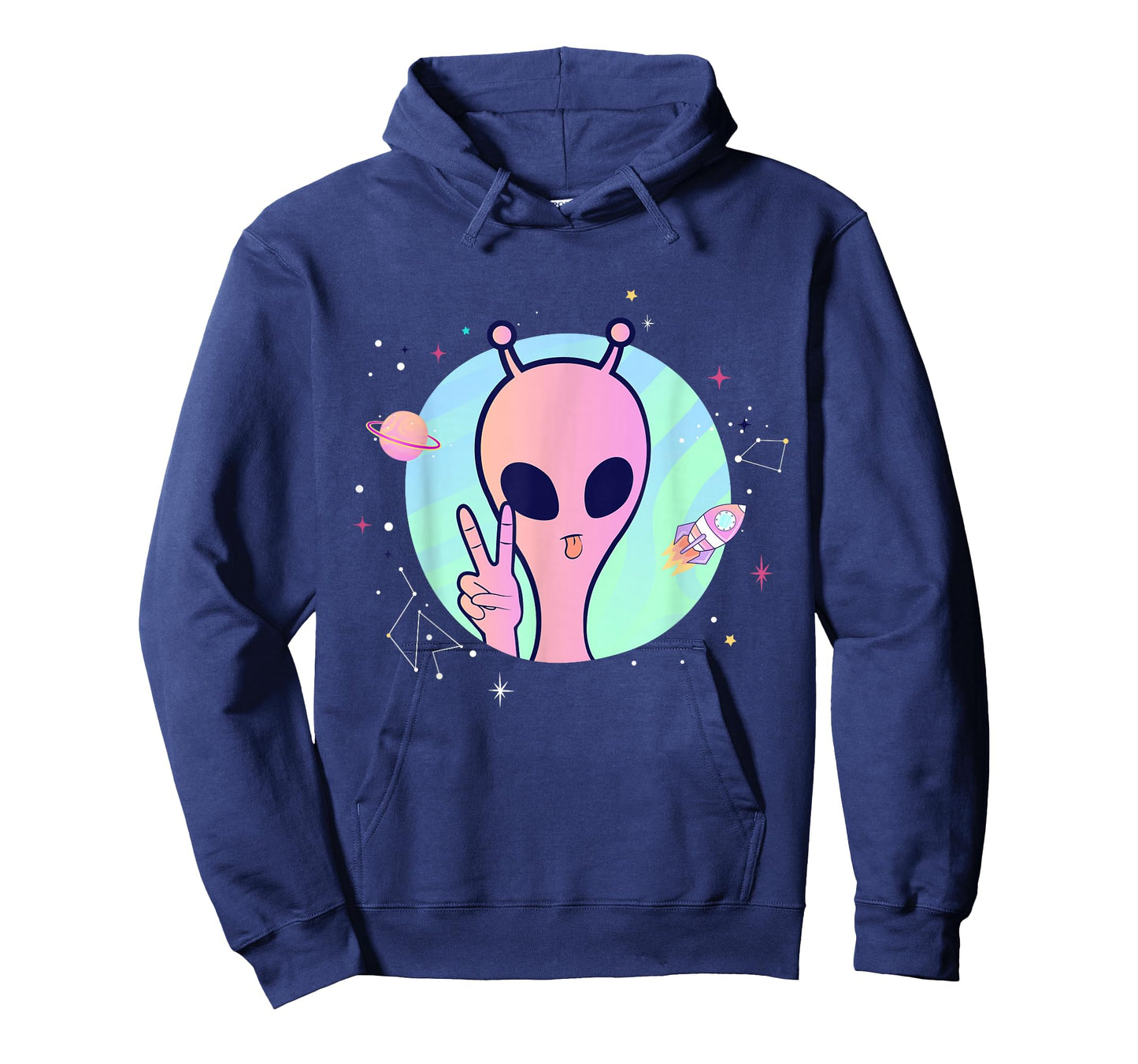 Peace Sign Hand Planet Stars UFO Cool Trippy Pink Alien T-Shirt