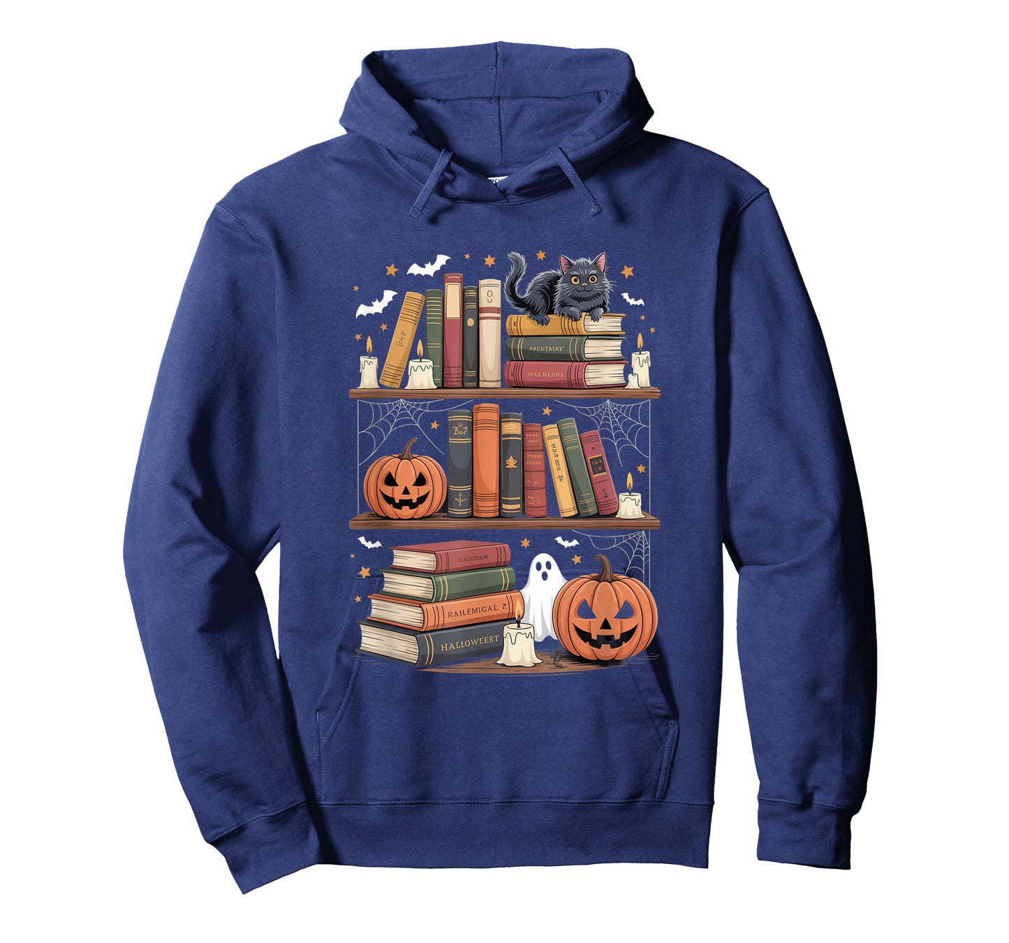 Haunted Bookshelf with Cat Pumpkins and Ghost T-Shirt