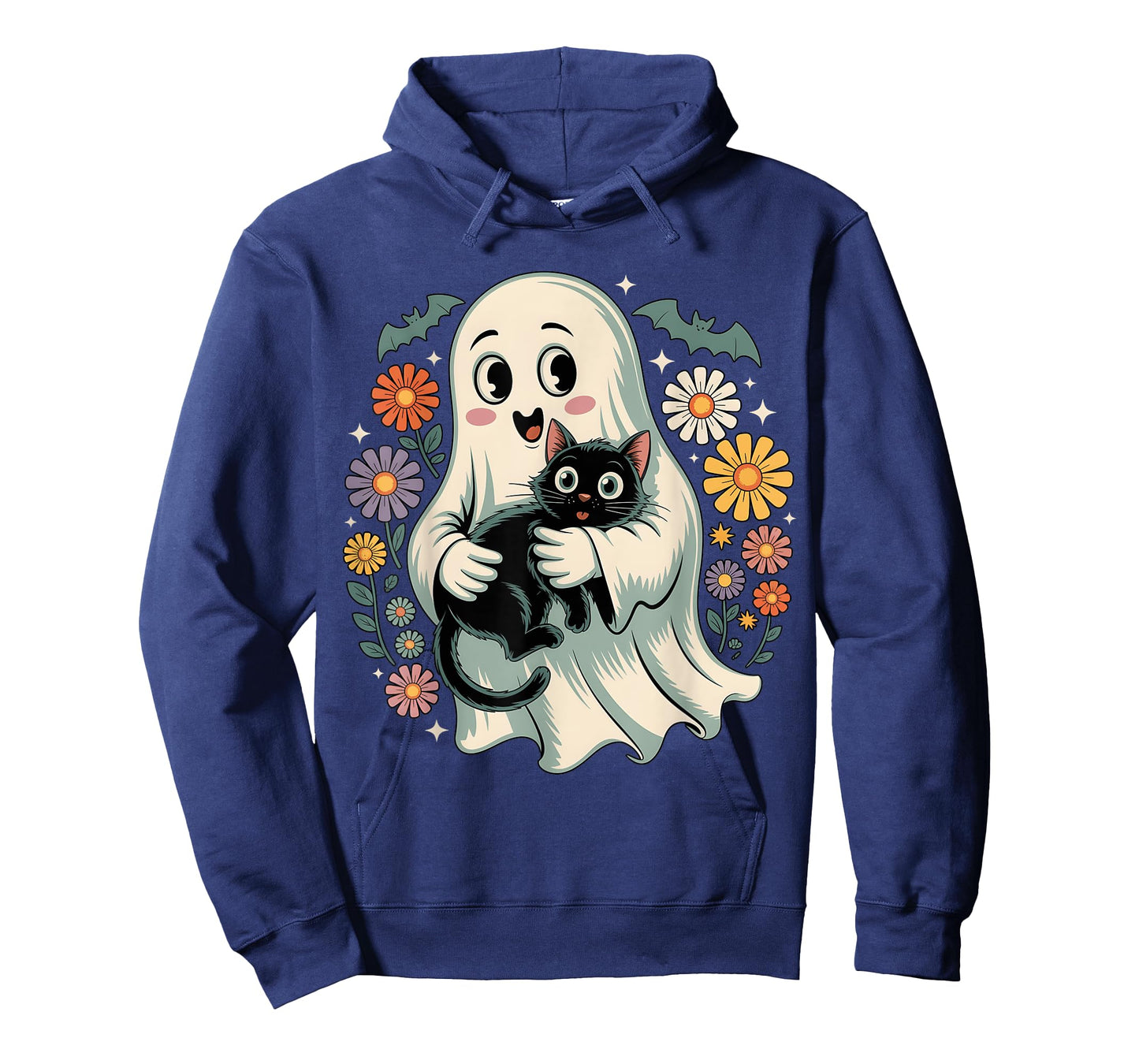Groovy Flower Ghost Holding Black Cat Halloween Cat Lover T-Shirt