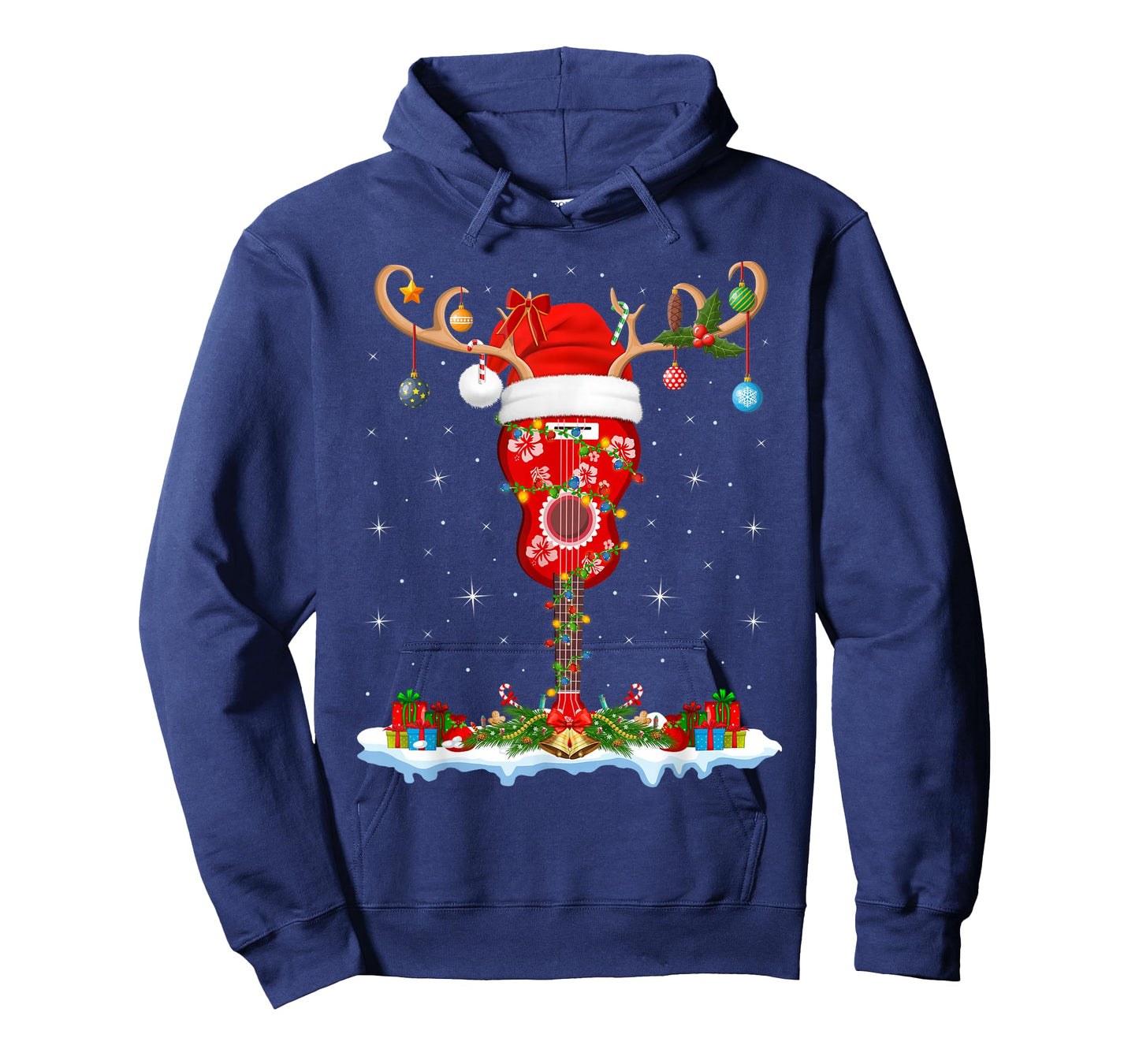 Ukulele Guitar Christmas Reindeer Santa Hat Hawaiian Xmas T-Shirt