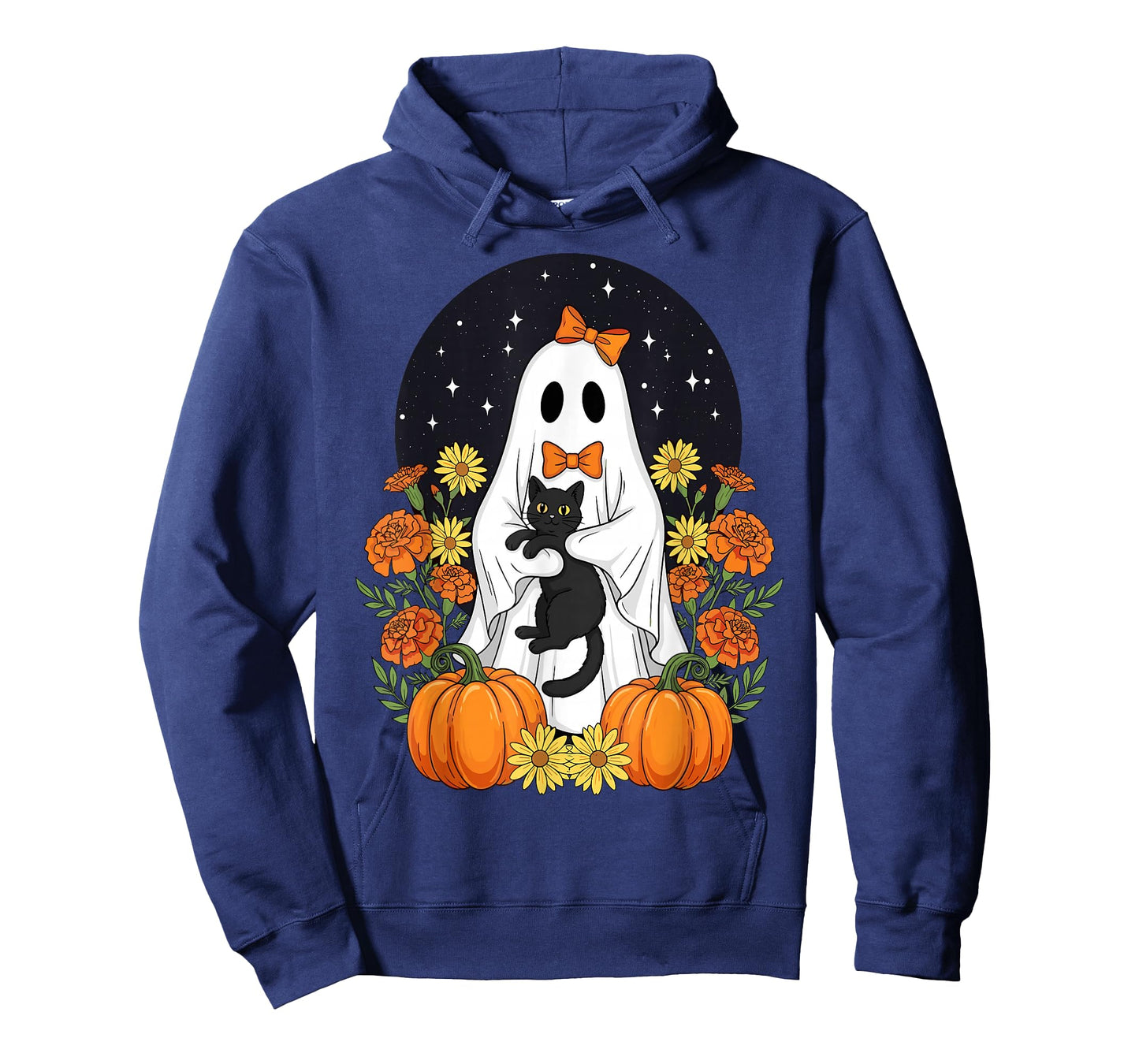 Vintage Halloween Ghost Holding Black Cat Groovy Floral T-Shirt