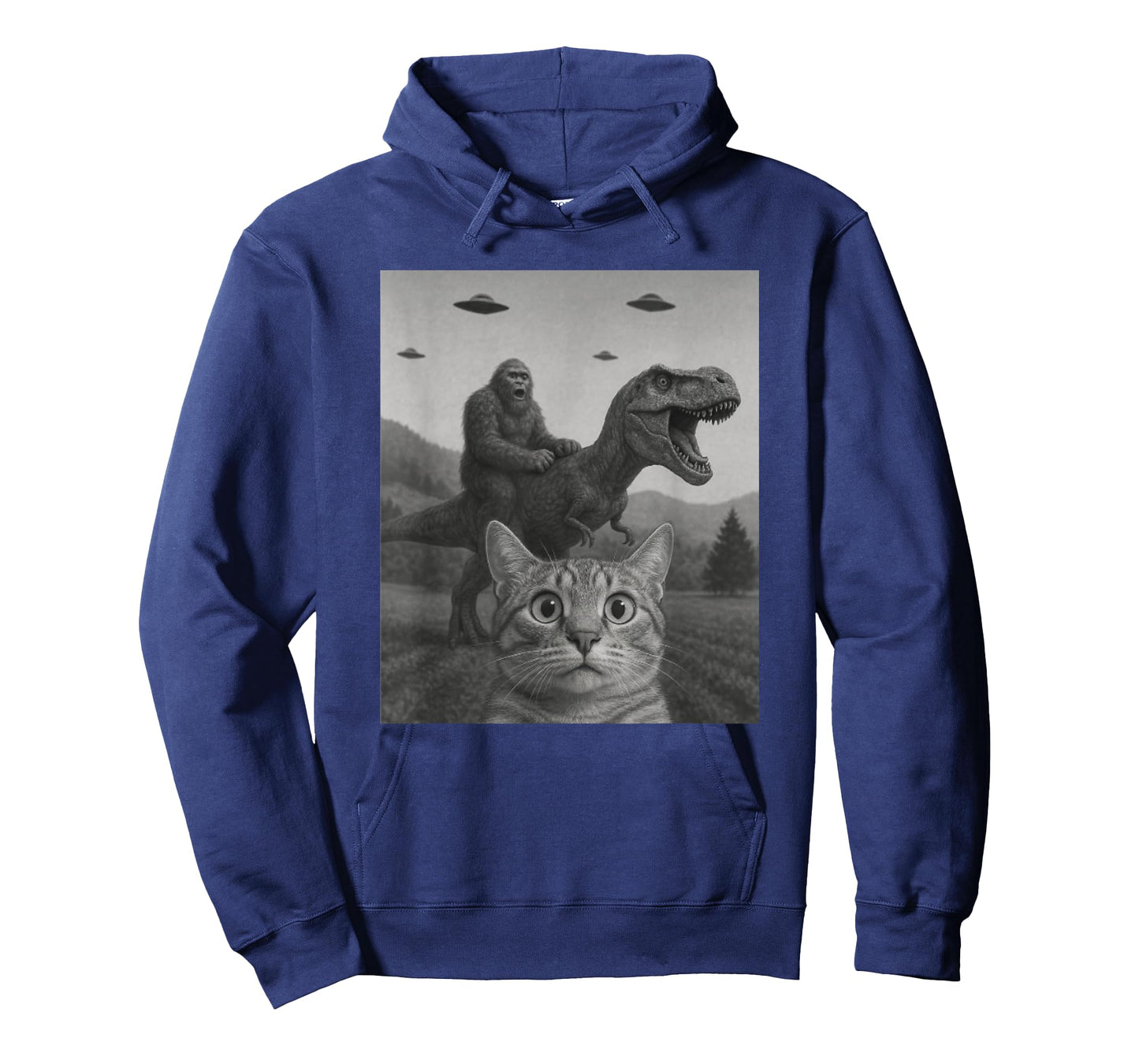 Cat Selfie with Bigfoot Riding T-rex Dinosaur Alien UFO T-Shirt