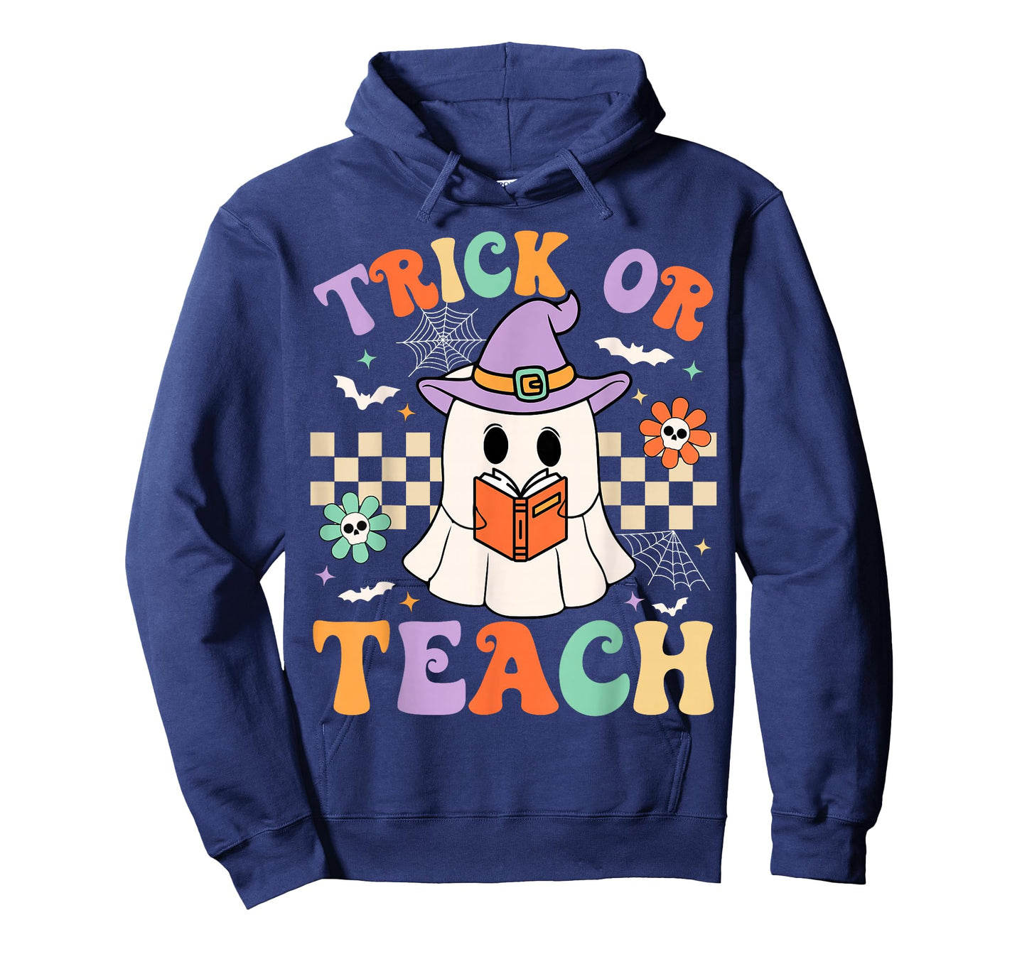 Trick Or Teach Groovy Teacher Halloween Retro Floral Ghost T-Shirt