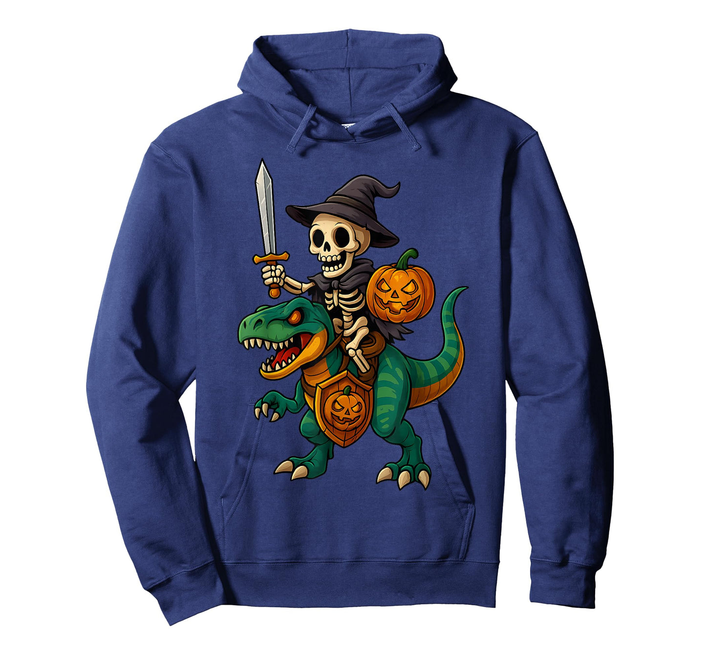 Funny Skeleton Riding T Rex with Sword and Pumpkin Halloween T-Shirt