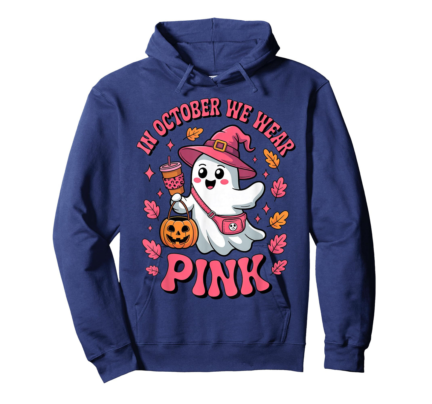 in October We Wear Pink Cute Ghost Halloween Drinking Coffee T-Shirt