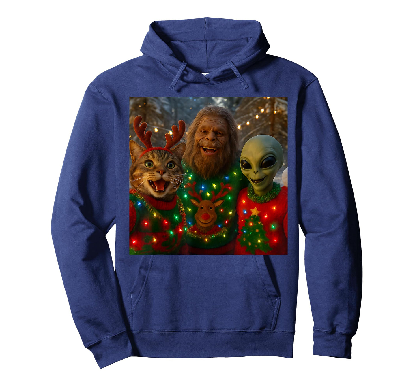 Funny Christmas Cat Selfie with Bigfoot Alien Ugly Sweater T-Shirt