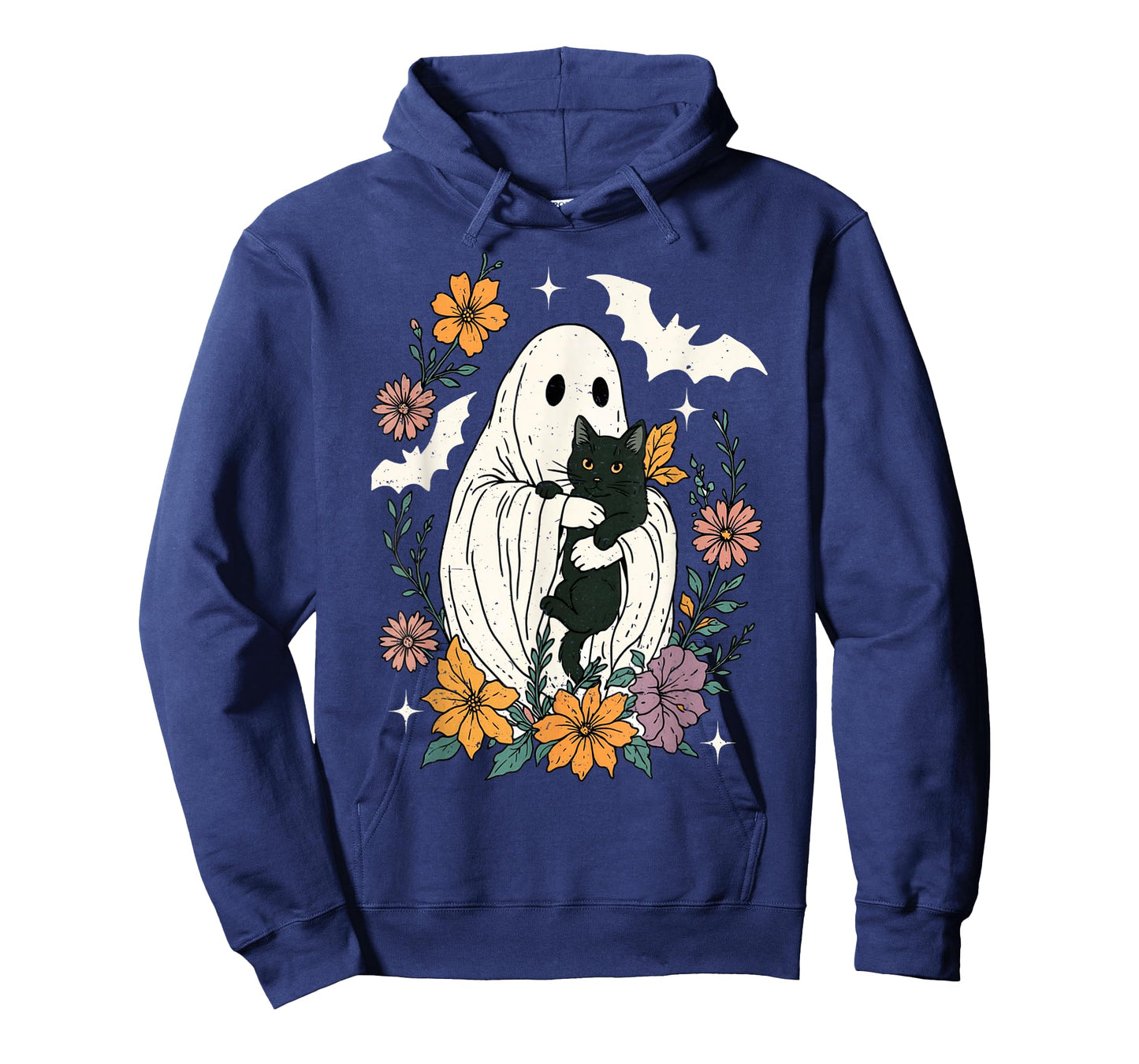 Groovy Floral Halloween Spooky Ghost Holding Black Cat Goth T-Shirt