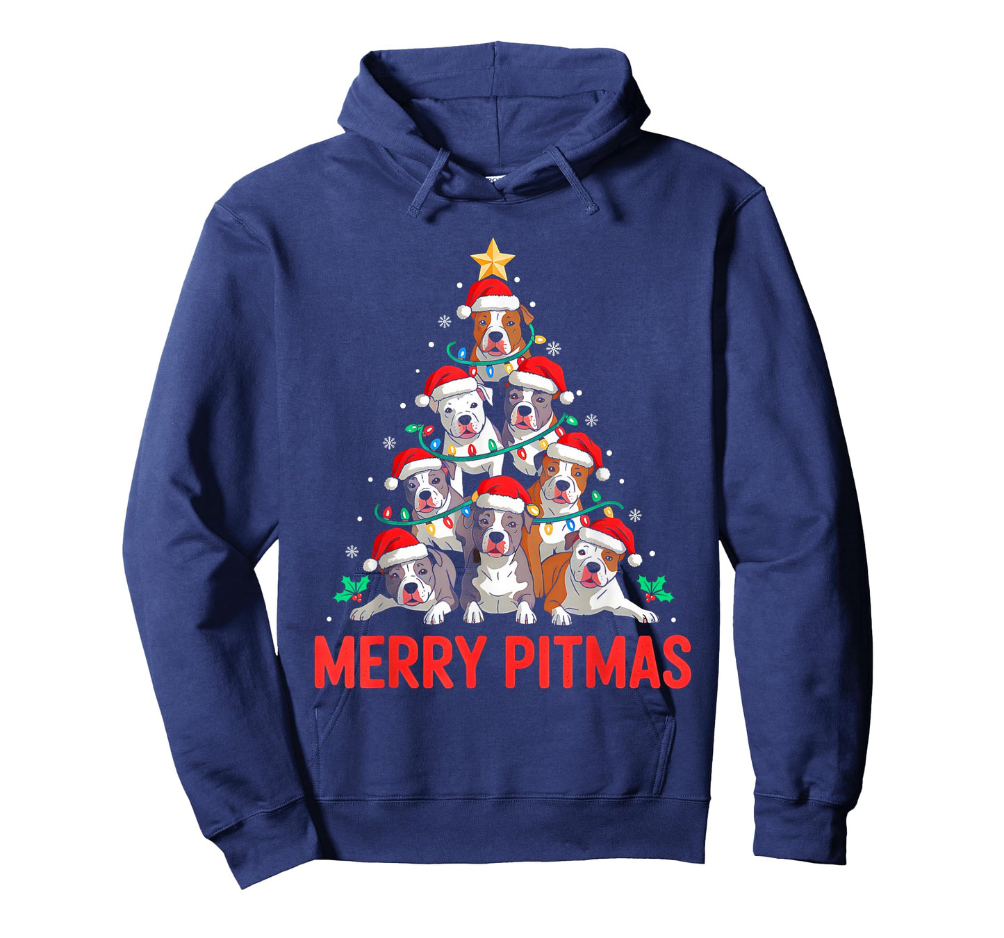 Pitbull Dog Tree Xmas Light Santa Hat Christmas Merry Pitmas T-Shirt