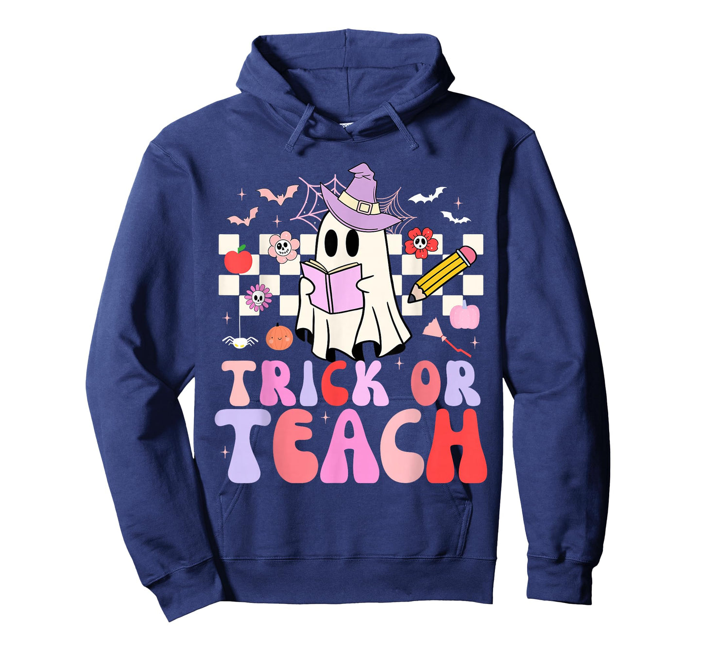 Trick Or Teach Groovy Teacher Halloween Retro Floral Ghost T-Shirt