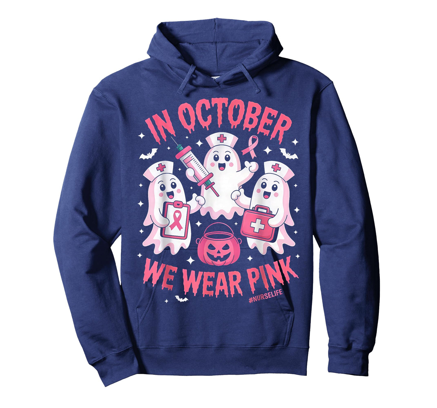 in October We Wear Pink Nurse Ghost Halloween Breast Cancer T-Shirt