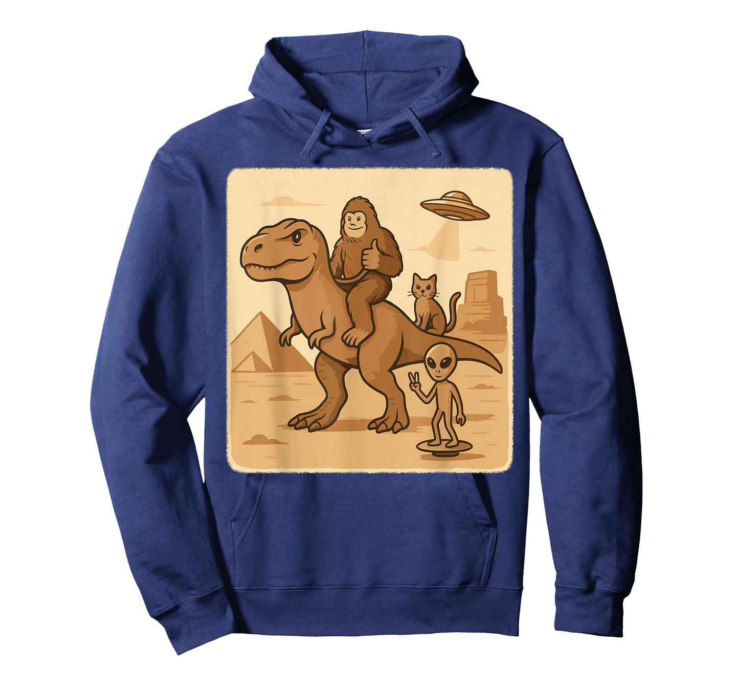 Bigfoot Riding T Rex with Alien Cat UFO Desert Scene T-Shirt