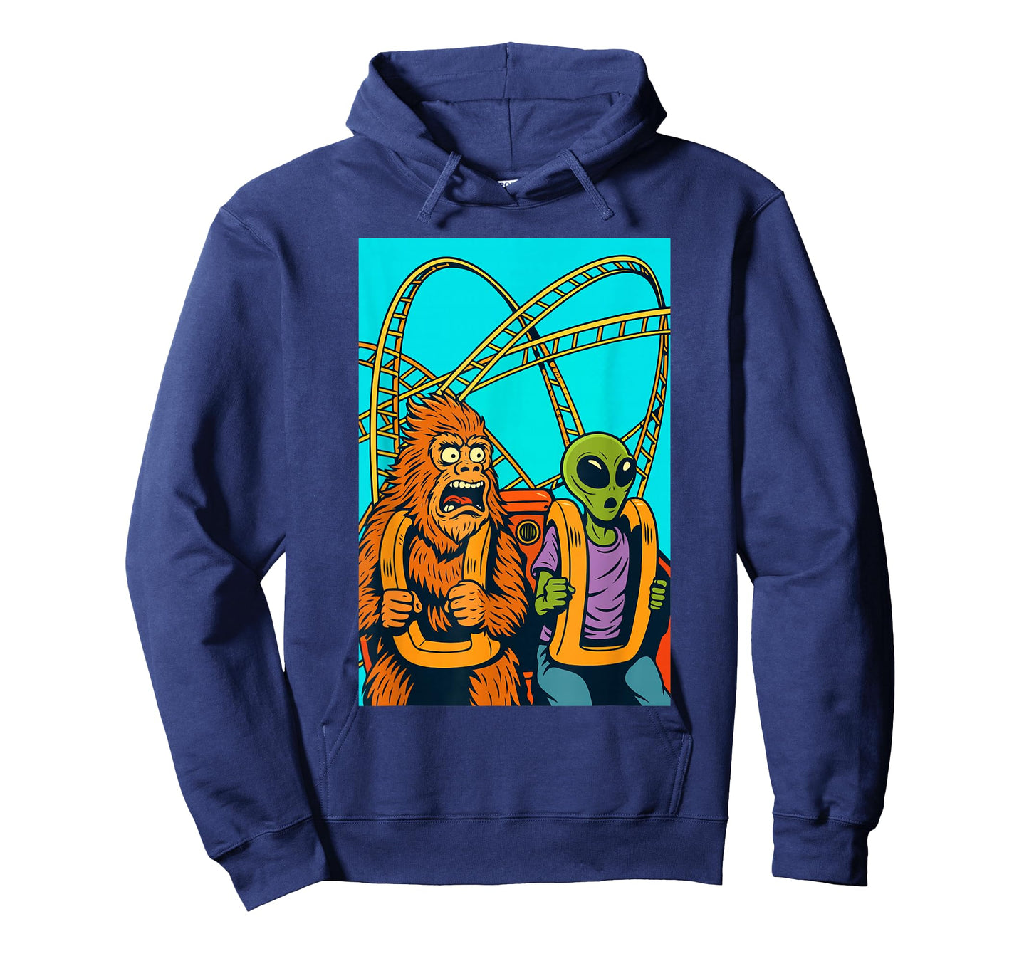 Bigfoot and Alien Riding Roller Coaster Amusement Theme Park T-Shirt