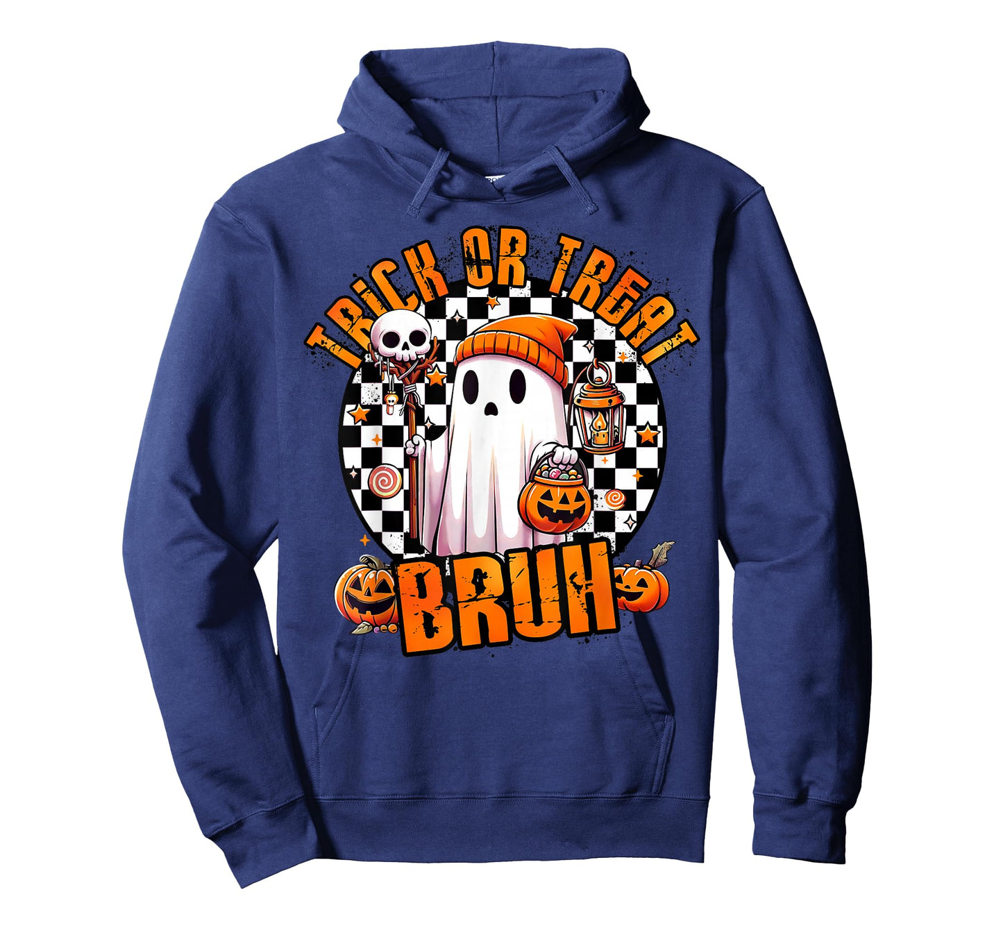 Trick Or Treat Bruh Ghost Jack O Lantern Checkered Halloween T-Shirt