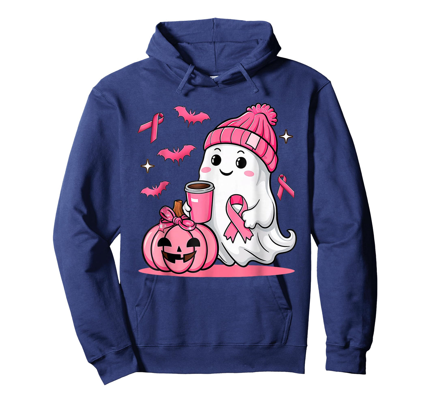 Cute Ghost Drinking Coffee Halloween Breast Cancer Awareness T-Shirt