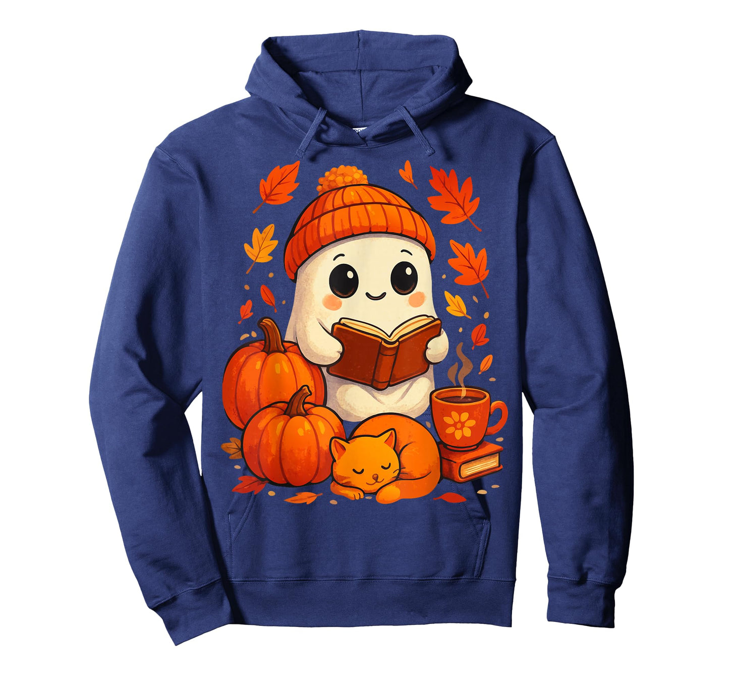 Cute Ghost Reading Book Autumn Pumpkins Cat Coffee Halloween T-Shirt