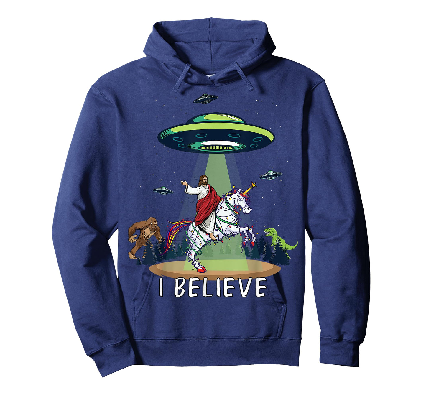 Believe Bigfoot Dinosaur Alien UFO Jesus Riding On Unicorn T-Shirt