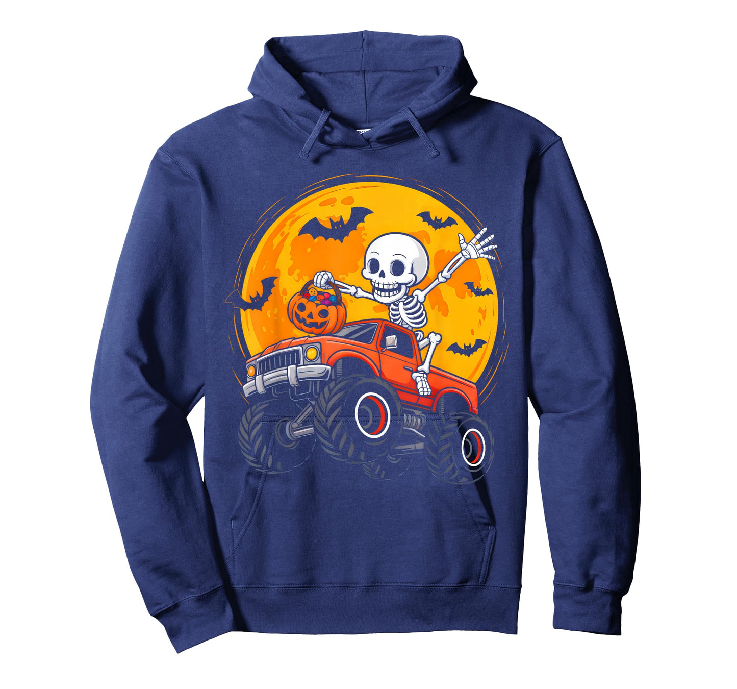 Skeleton Monster Truck Moon Pumpkin Halloween Boys Kids T-Shirt