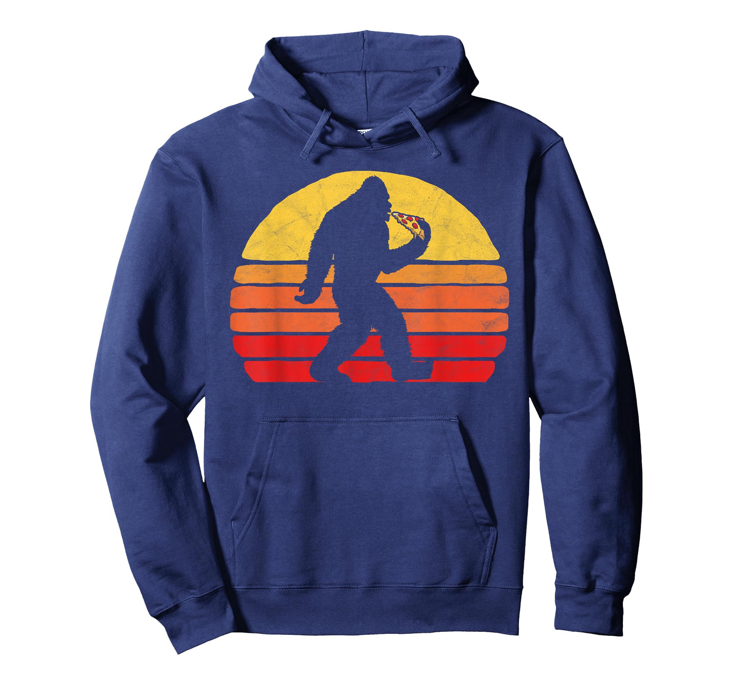 Sasquatch and Pizza! Funny Eating Bigfoot & 80s Sun Graphic T-Shirt