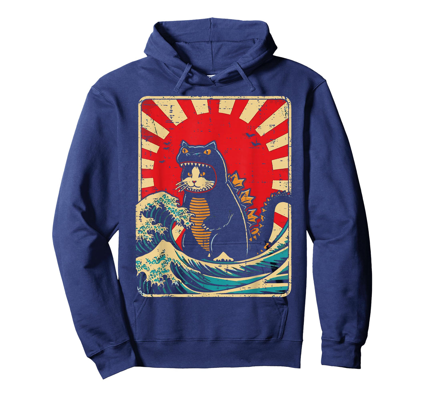 Cat Monster Waves Red Sun Japanese Catzilla Women Men Kids T-Shirt