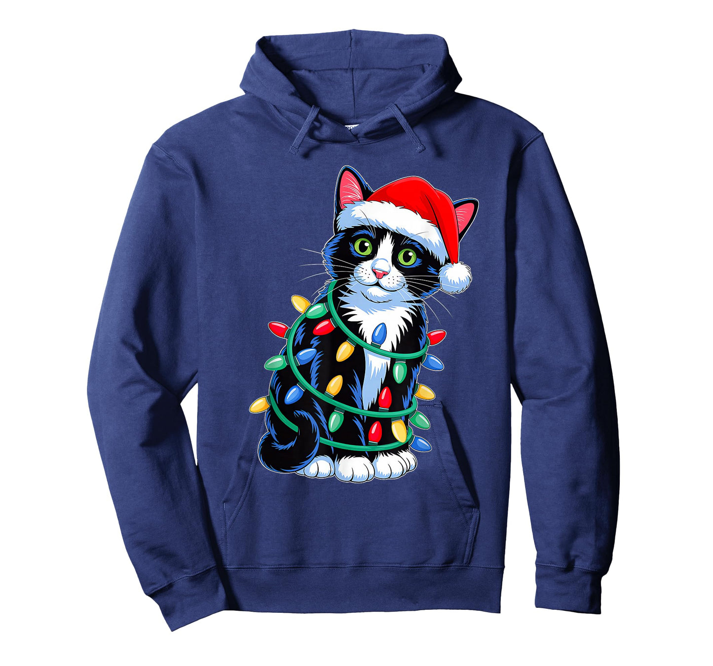 Black Cat Christmas Lights Santa Hat Xmas Family Men Women T-Shirt