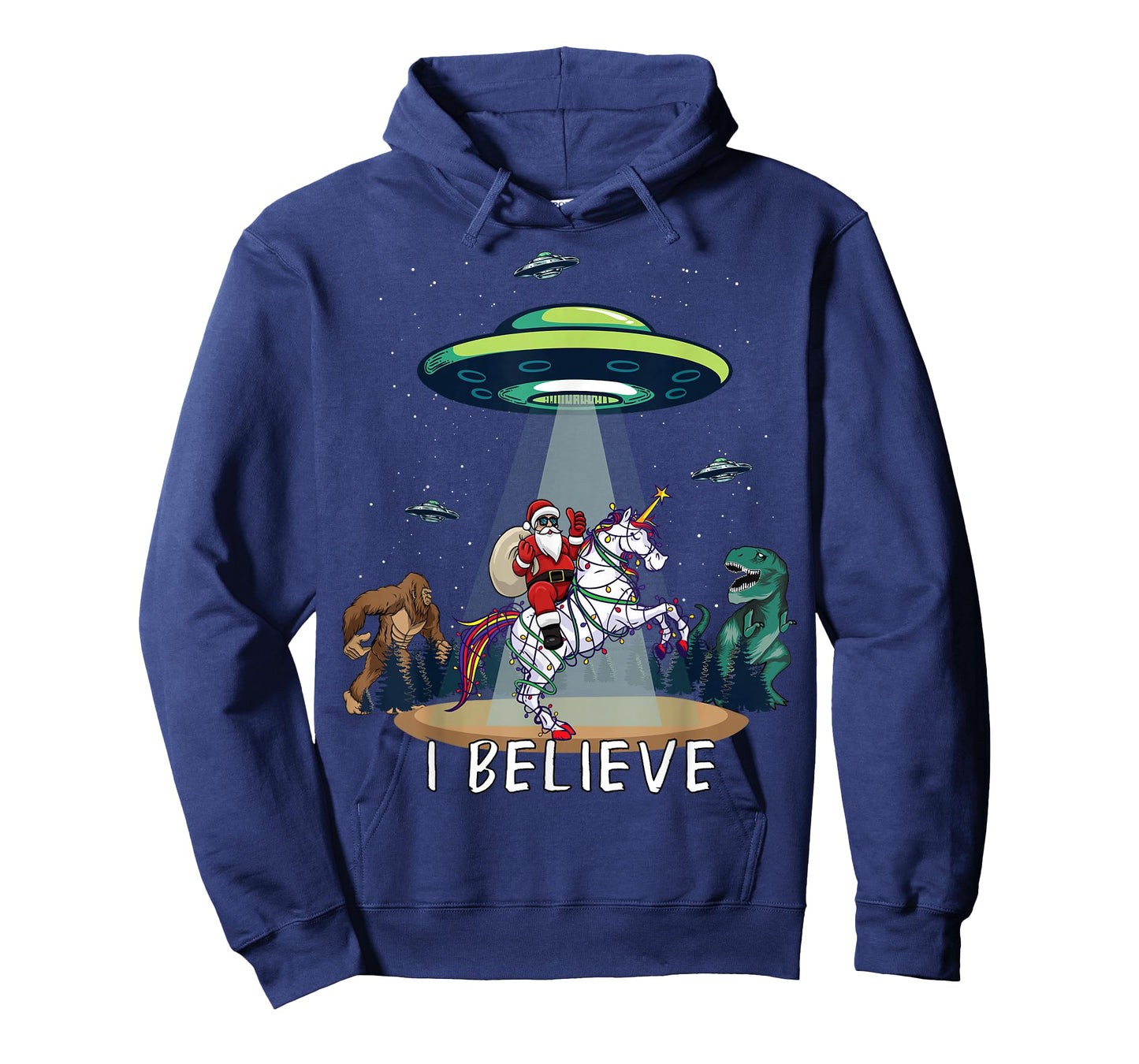 Believe Bigfoot Dinosaur Alien UFO Santa Riding On Unicorn T-Shirt
