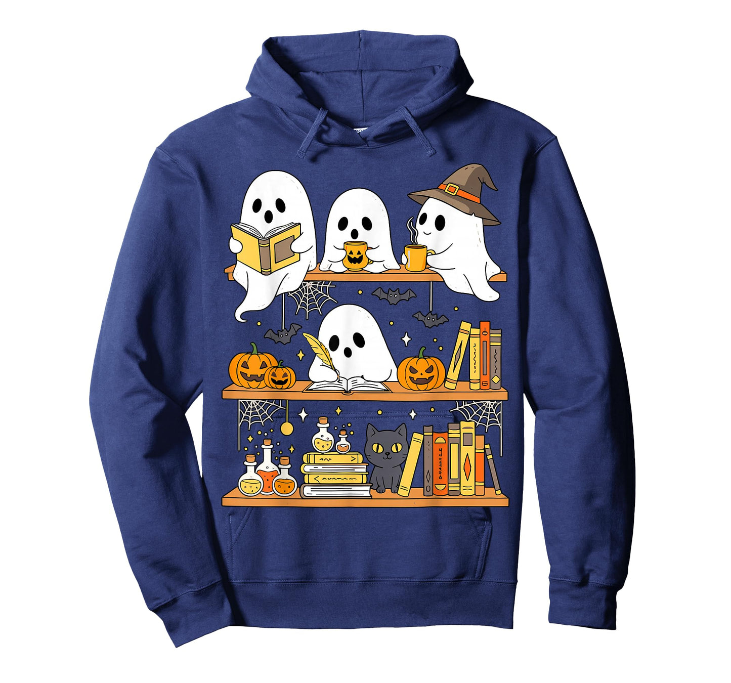 Cute Halloween Ghost Bookshelf Cat Book Lover T-Shirt