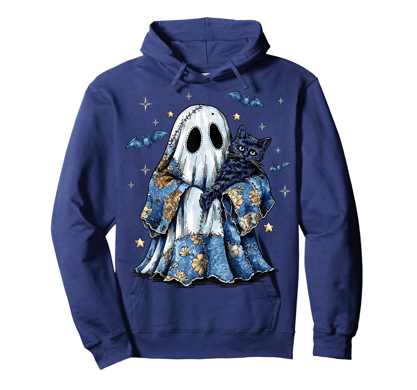Retro Halloween Blue Denim Patchwork Ghost Black Cat Spooky T-Shirt