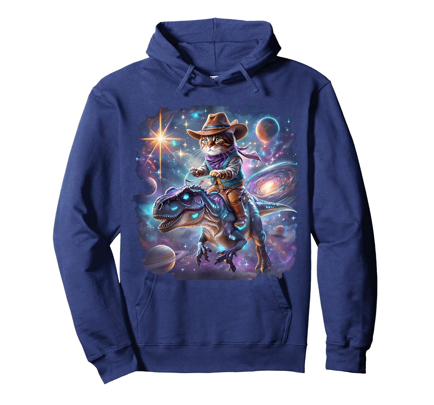 Cat Riding Dinosaur Funny Cat Cowboy Hat Rainbow Galaxy T-Shirt