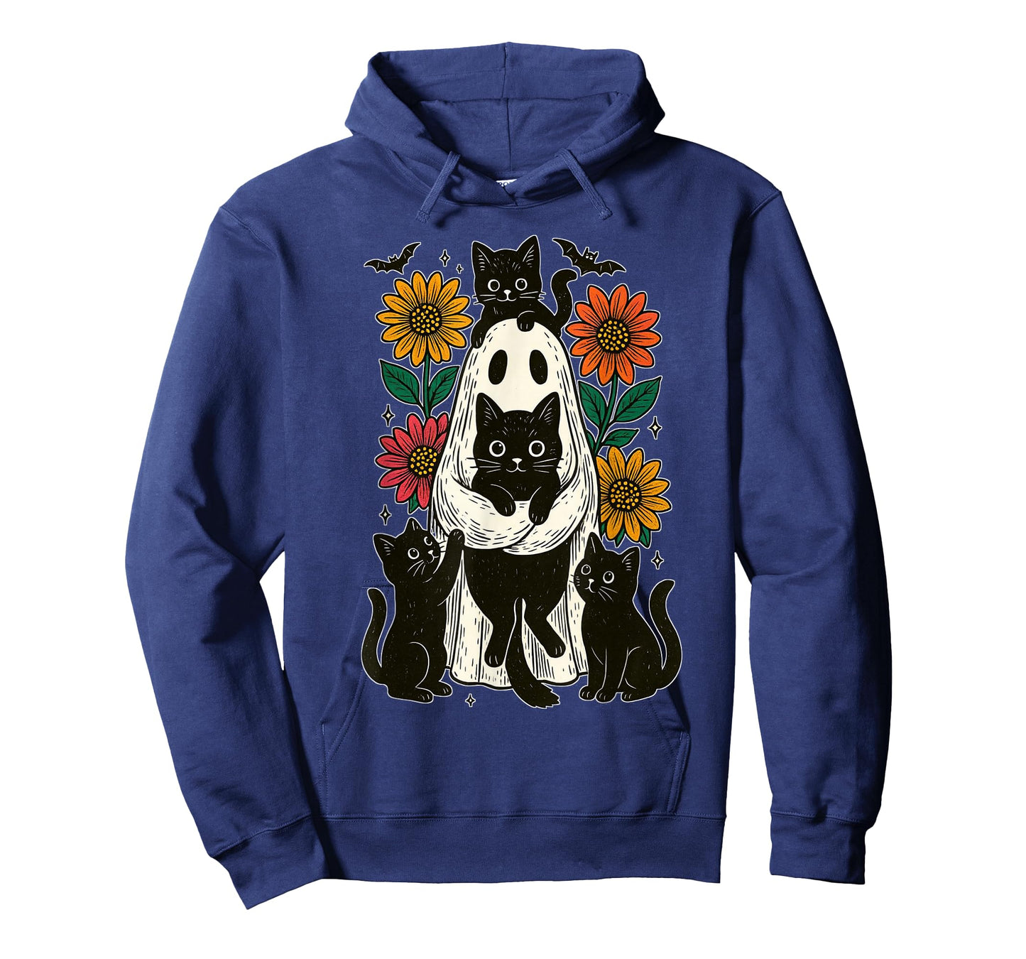 Vintage Halloween Ghost Holding Black Cat Groovy Floral T-Shirt
