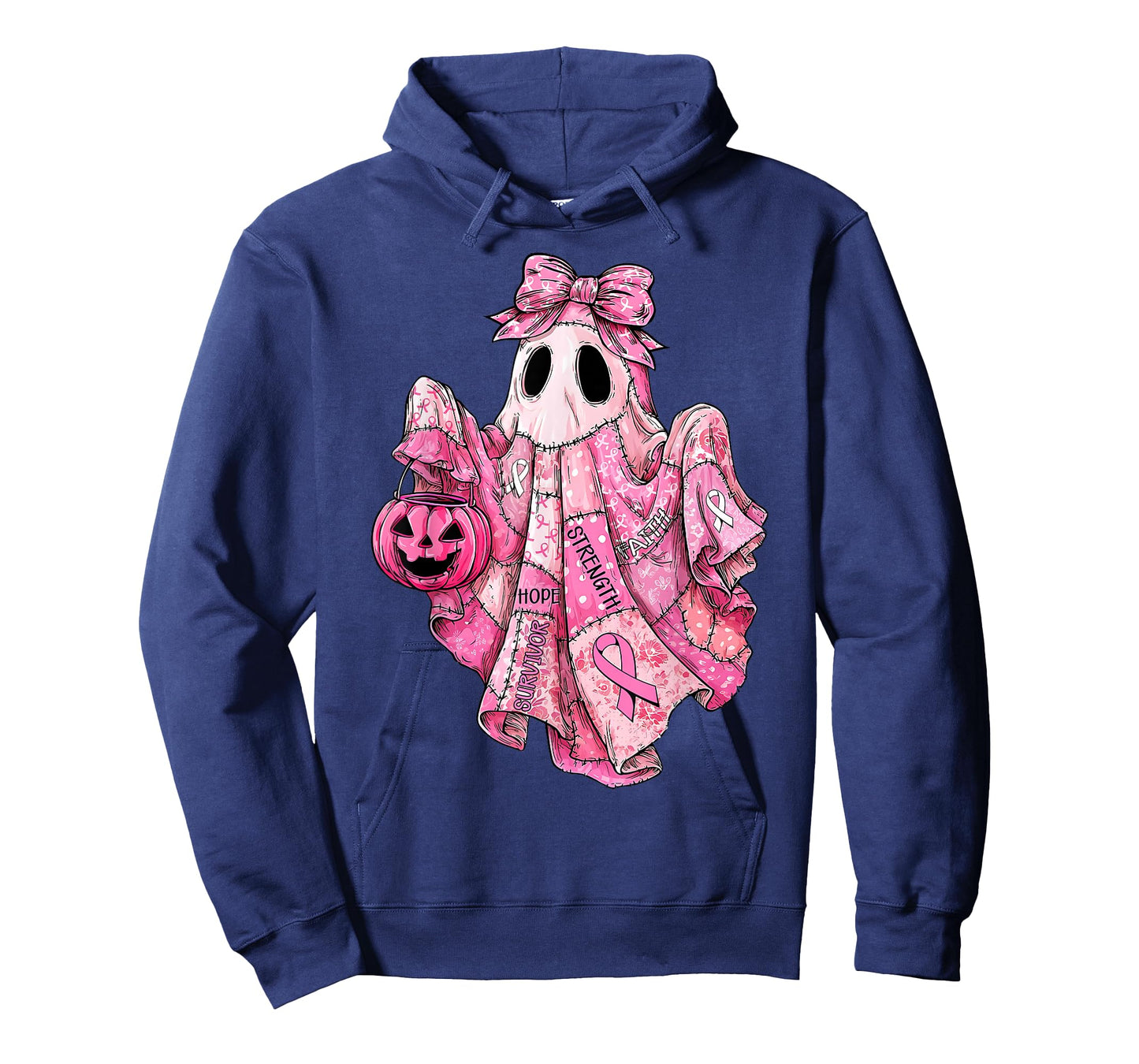 Breast Cancer Pink Ribbon Patchwork Ghost Halloween Women T-Shirt