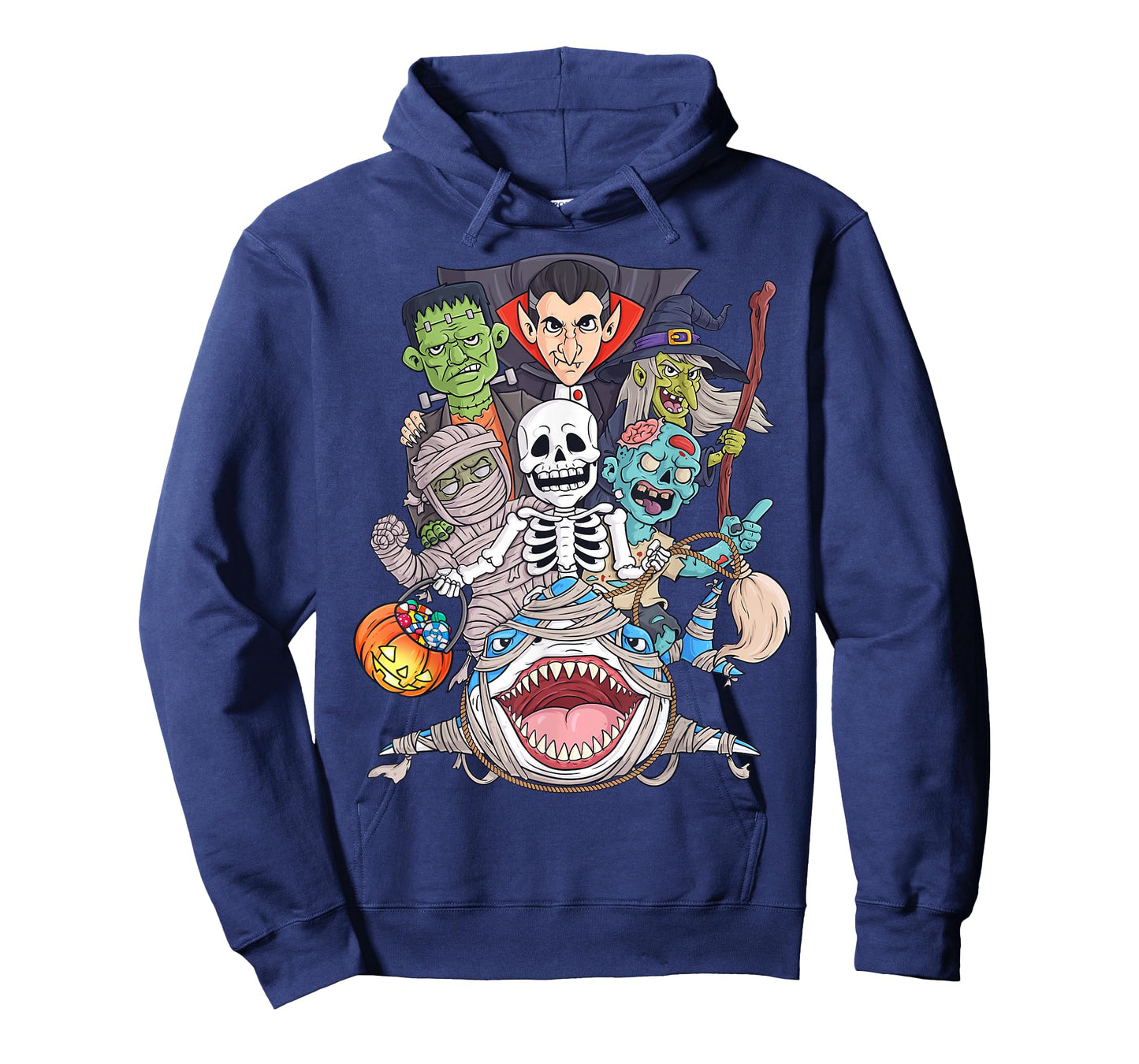 Skeleton Zombie Riding Mummy Shark Funny Halloween Pumpkin T-Shirt