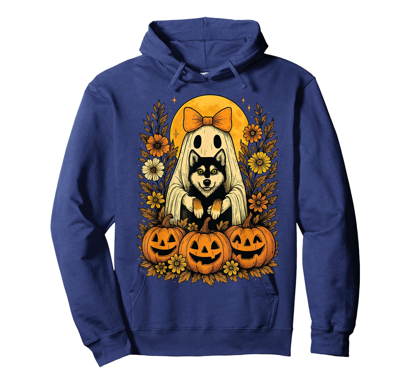 Vintage Halloween Ghost Holding Siberian Husky Dog T-Shirt