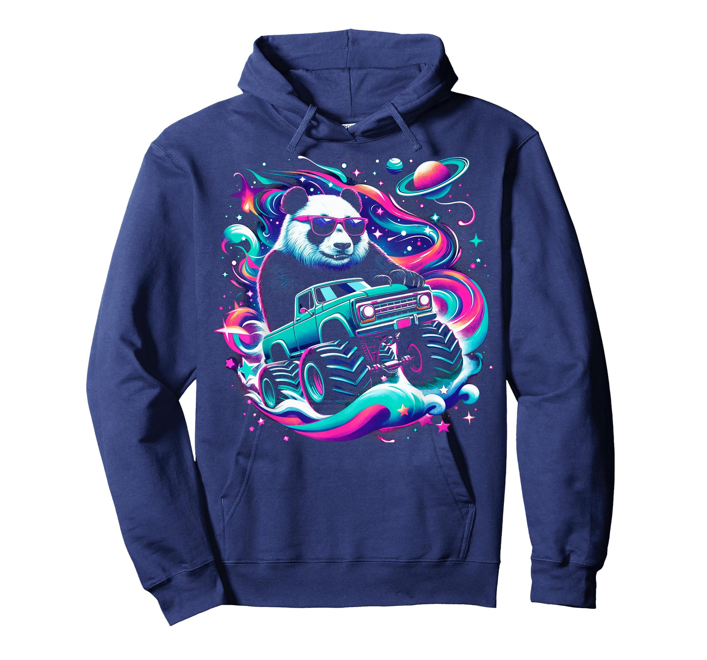 Cool Giant Panda Driving Monster Truck in Cosmic Space T-Shirt