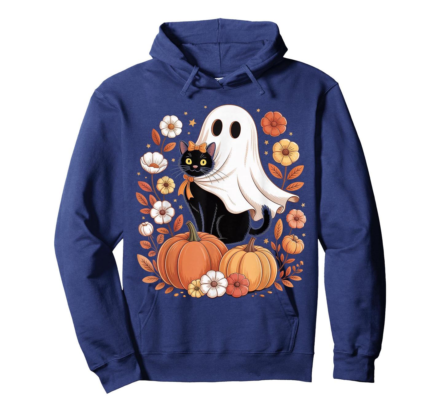 Vintage Black Cat and Ghost with Pumpkins Flowers Halloween T-Shirt