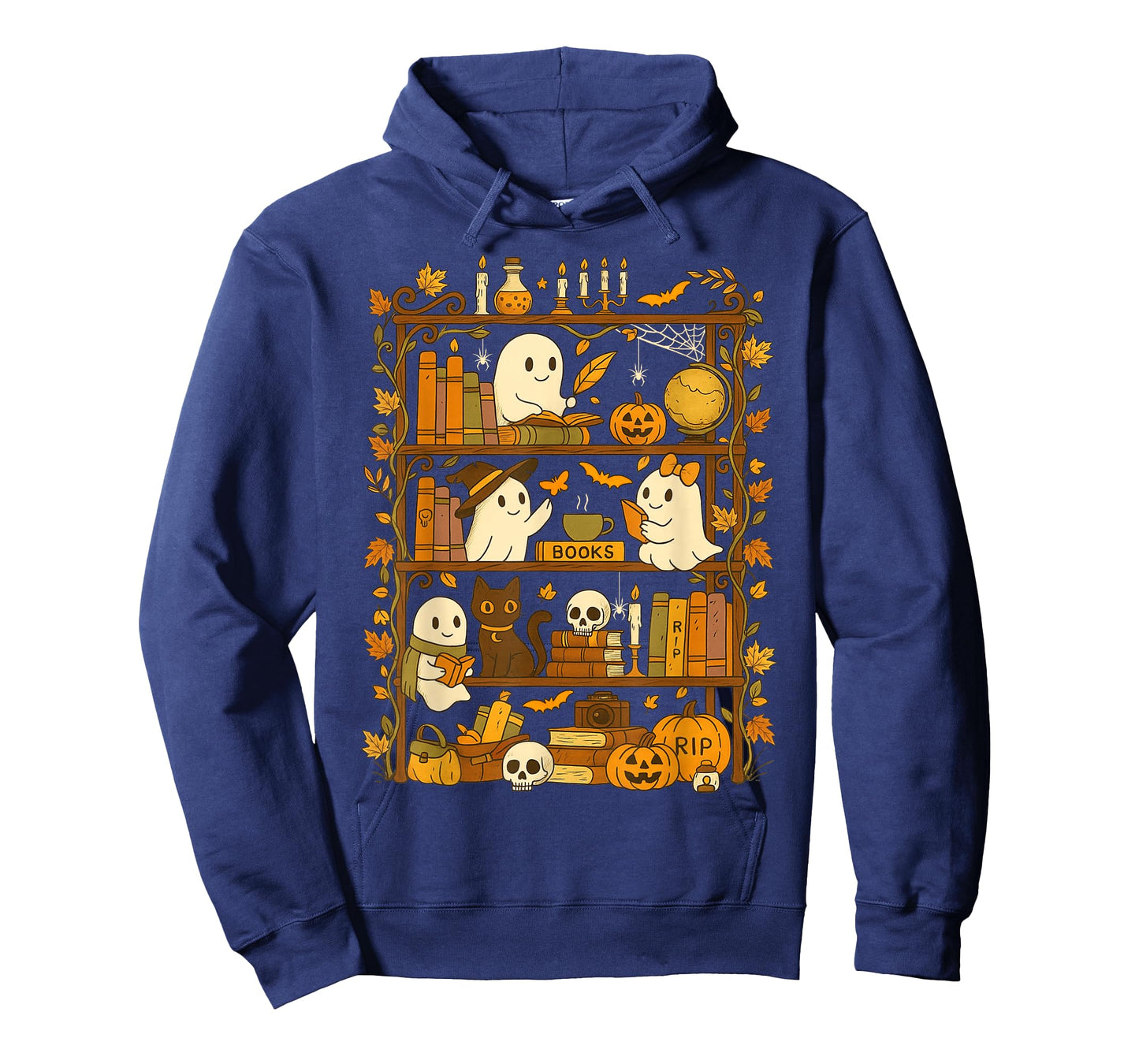 Retro Bookshelf Black Cat Halloween Ghost Reading Book Lover T-Shirt