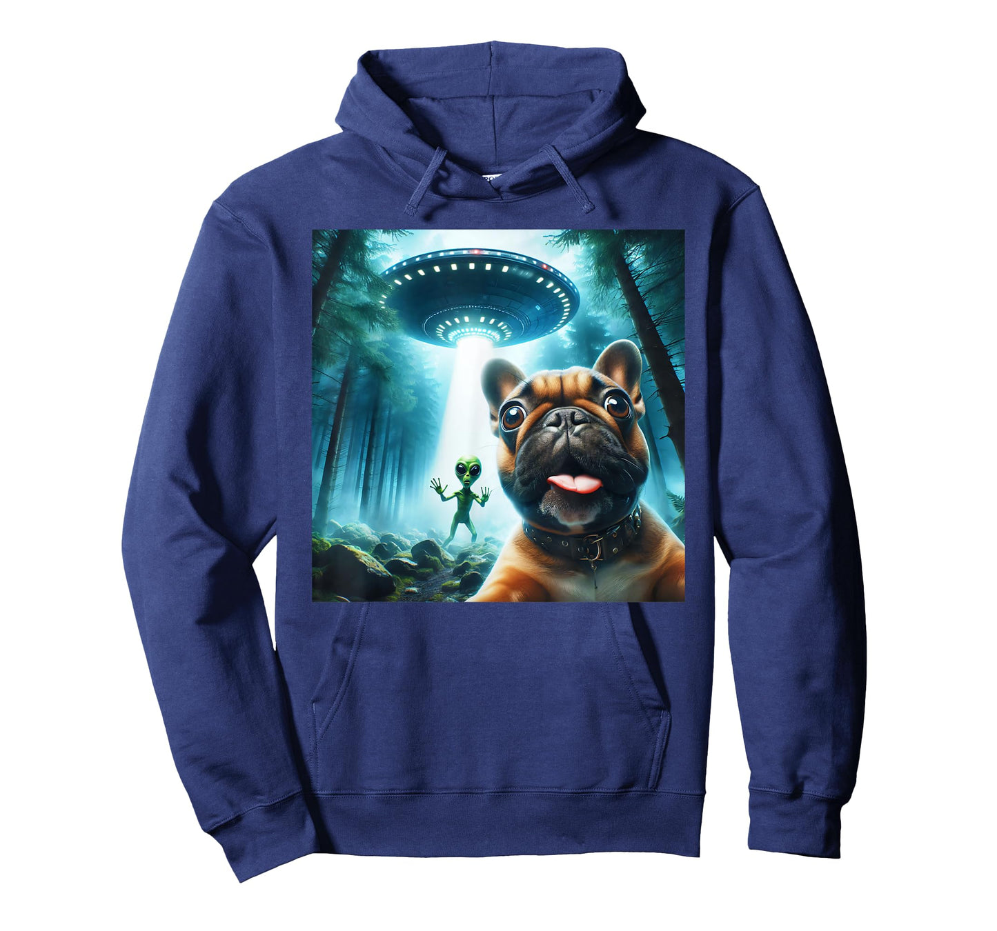 French bulldog selfie with alien UFO cool alien art T-Shirt
