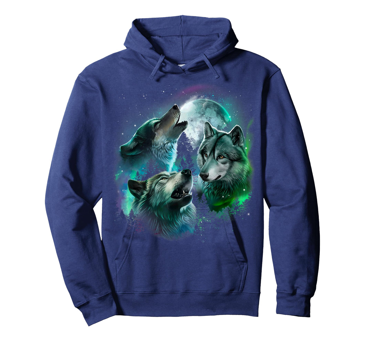 Grey Wolf Hunting in the Forest under Full Moon and Aurora T-Shirt