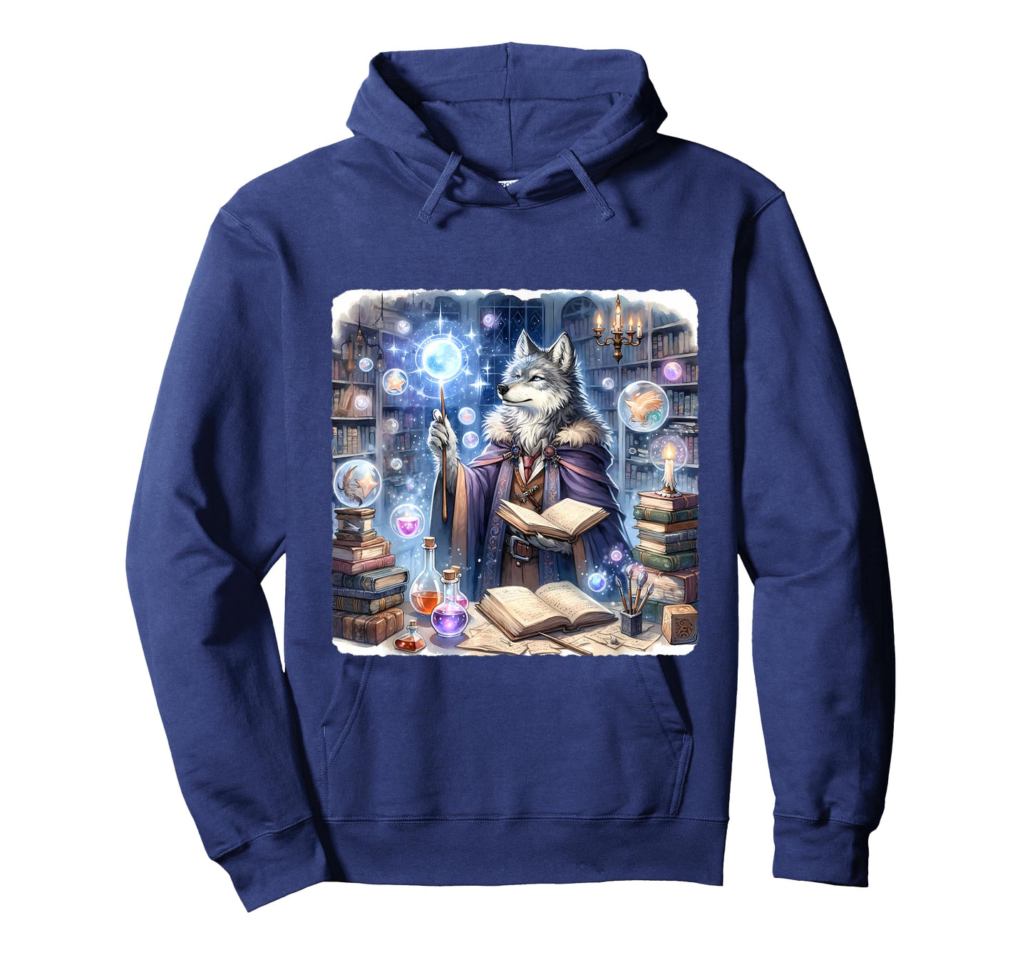 Wolf Wizard Casting Spells With Luminous Wand. Books Potions T-Shirt
