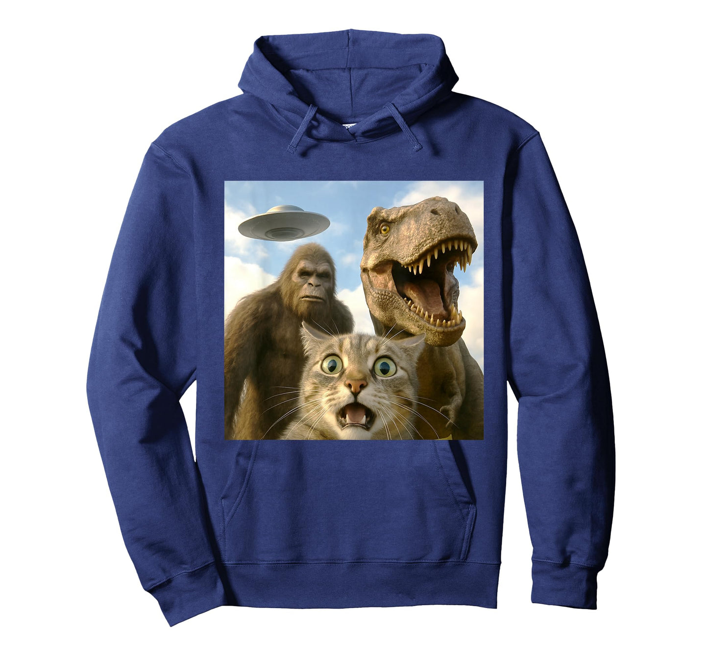 Funny Cat Selfie with Bigfoot Dinosaur UFO for Men Women T-Shirt